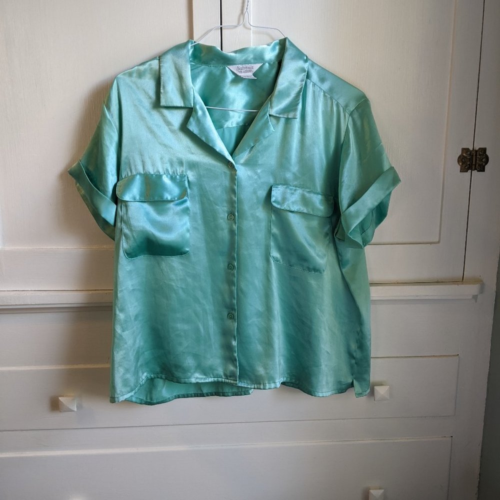 Vintage Sabrina for Mervyn's turquoise satin pajama top or blouse, size L